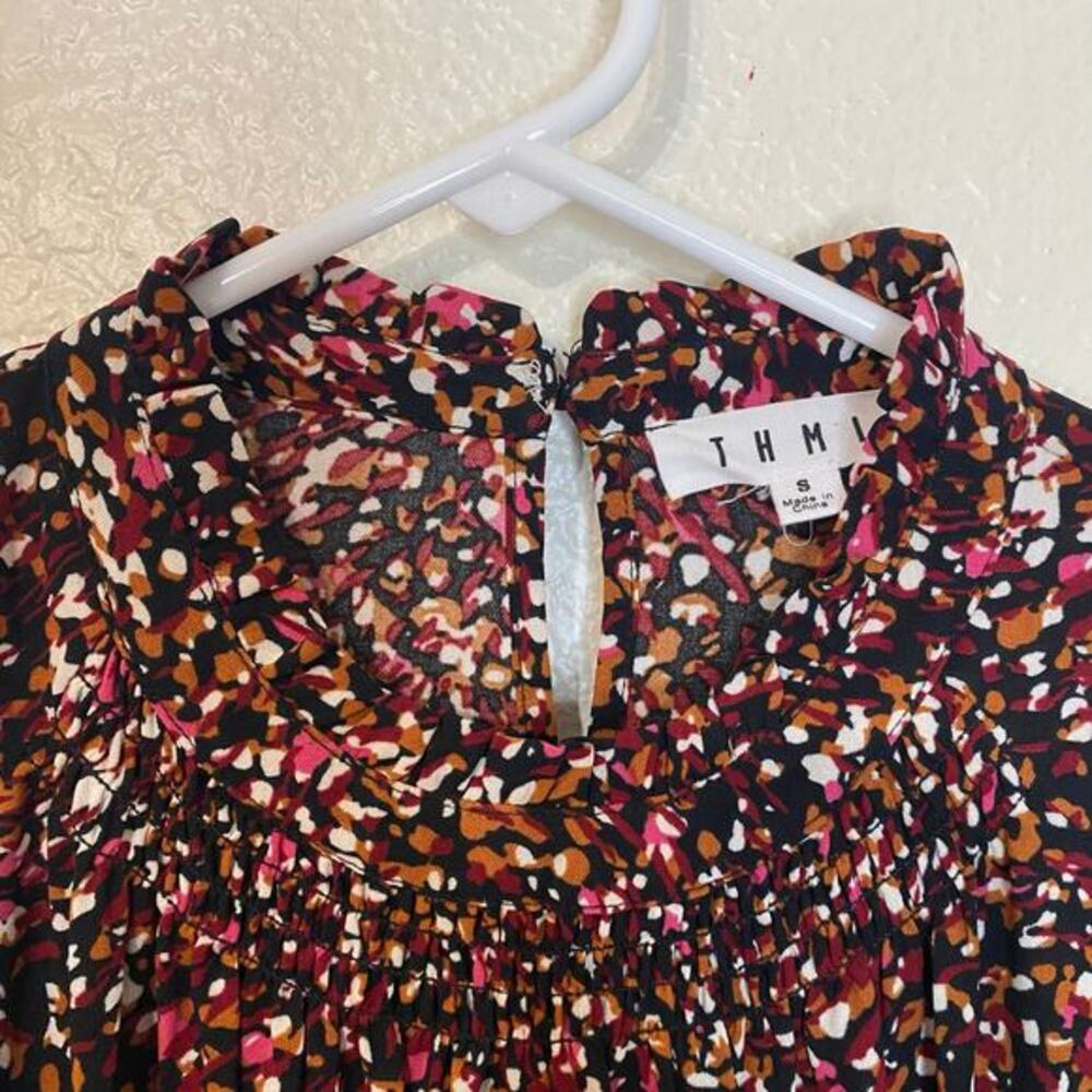 THML Burgundy Abstract‎ Confetti Smocked Waist Ruffle Neck Mini Dress Size S - Picture 8 of 13